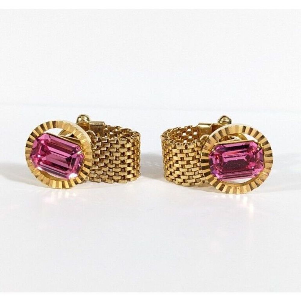 Rectangle Pink Rhinestone Round Mesh Wrap Gold Toned Cuff Links Vintage Retro